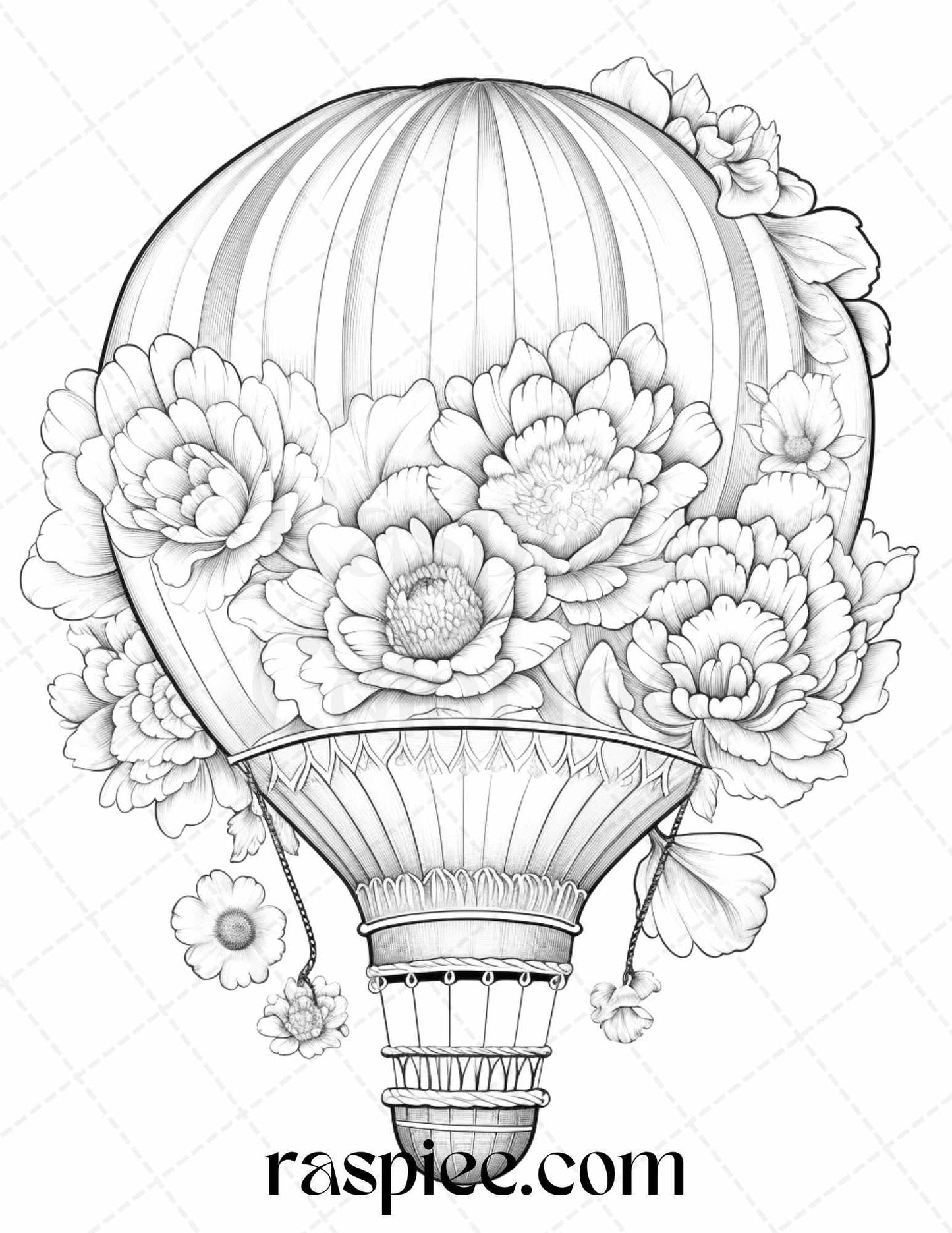 42 Flower Hot Air Balloons Grayscale Coloring Pages Printable for Adults, PDF File Instant Download