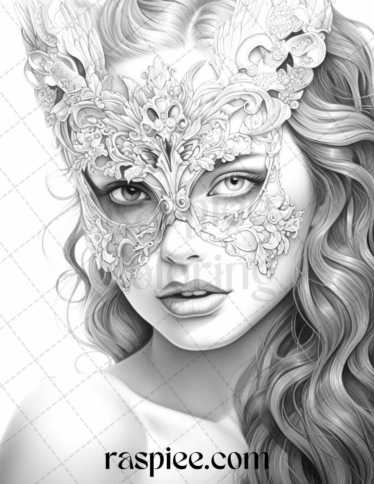 40 Masquerade Girls Grayscale Coloring Pages Printable for Adults, PDF File Instant Download