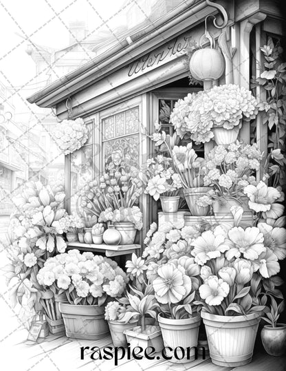 45 Flower Store Front Grayscale Coloring Pages Printable for Adults, PDF File Instant Download