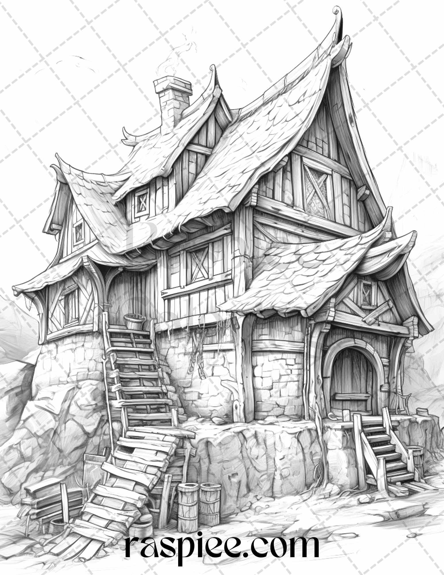 40 Viking Houses Grayscale Coloring Pages Printable for Adults, PDF File Instant Download