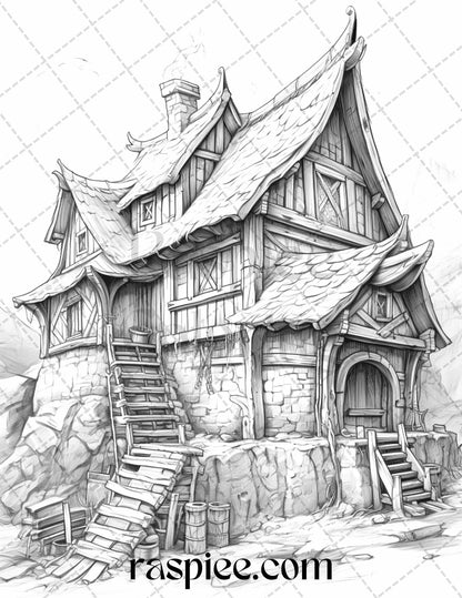 40 Viking Houses Grayscale Coloring Pages Printable for Adults, PDF File Instant Download