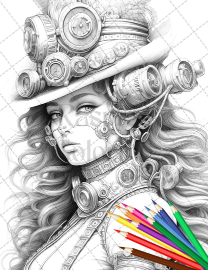 40 Steampunk Ladies Grayscale Coloring Pages Printable for Adults, PDF File Instant Download