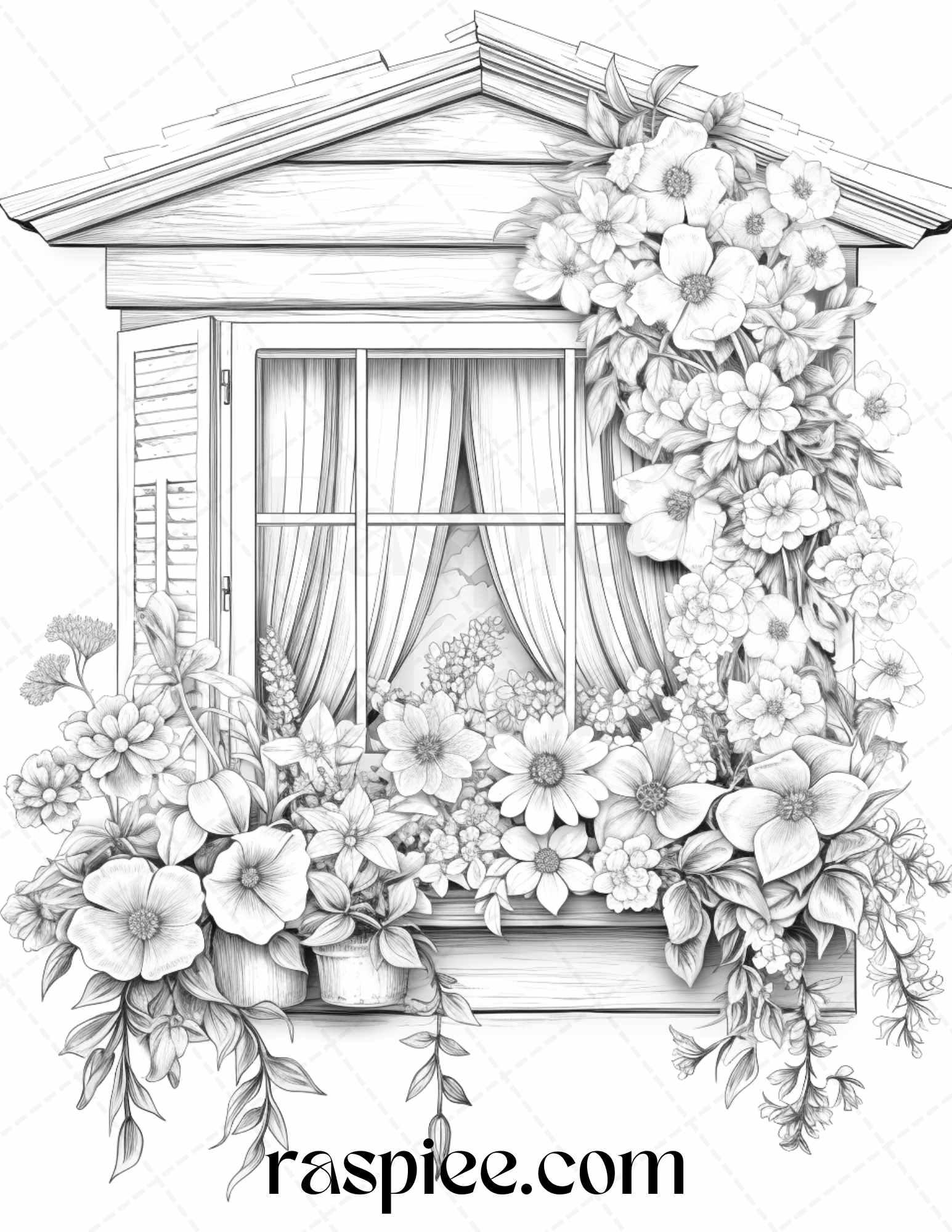 50 Blooming Windows Grayscale Coloring Pages Printable for Adults, PDF File Instant Download