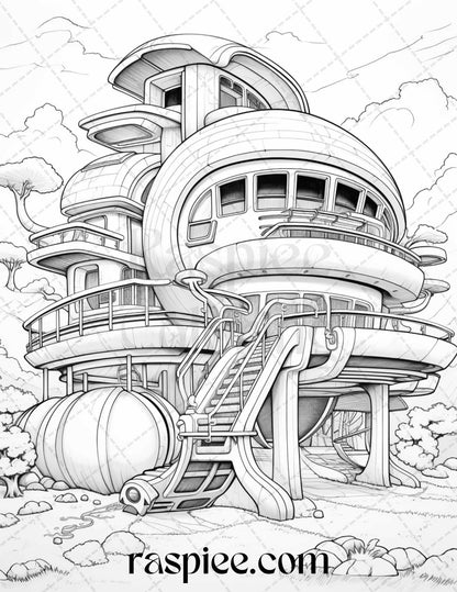 43 Futuristic Houses Grayscale Coloring Pages Printable for Adults, PDF File Instant Download