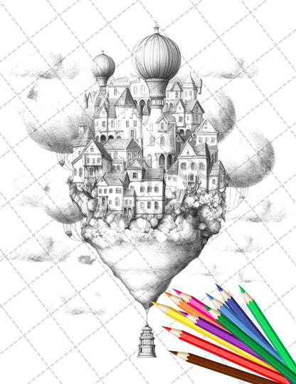 40 Fantasy Sky Houses Grayscale Coloring Pages Printable for Adults, PDF File Instant Download