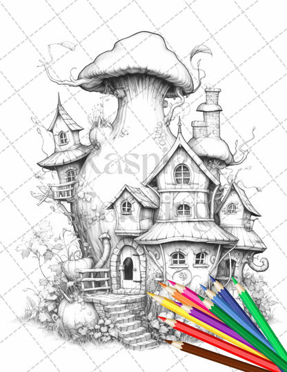 40 Pumpkin Fairy Houses Grayscale Coloring Pages Printable for Adults, PDF File Instant Download