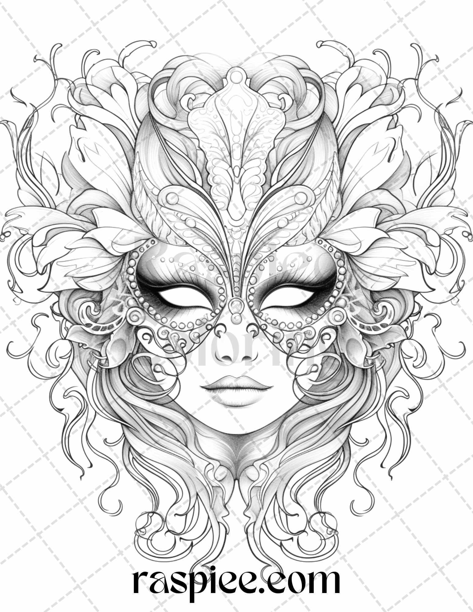 40 Masquerade Masks Grayscale Coloring Pages Printable for Adults, PDF File Instant Download