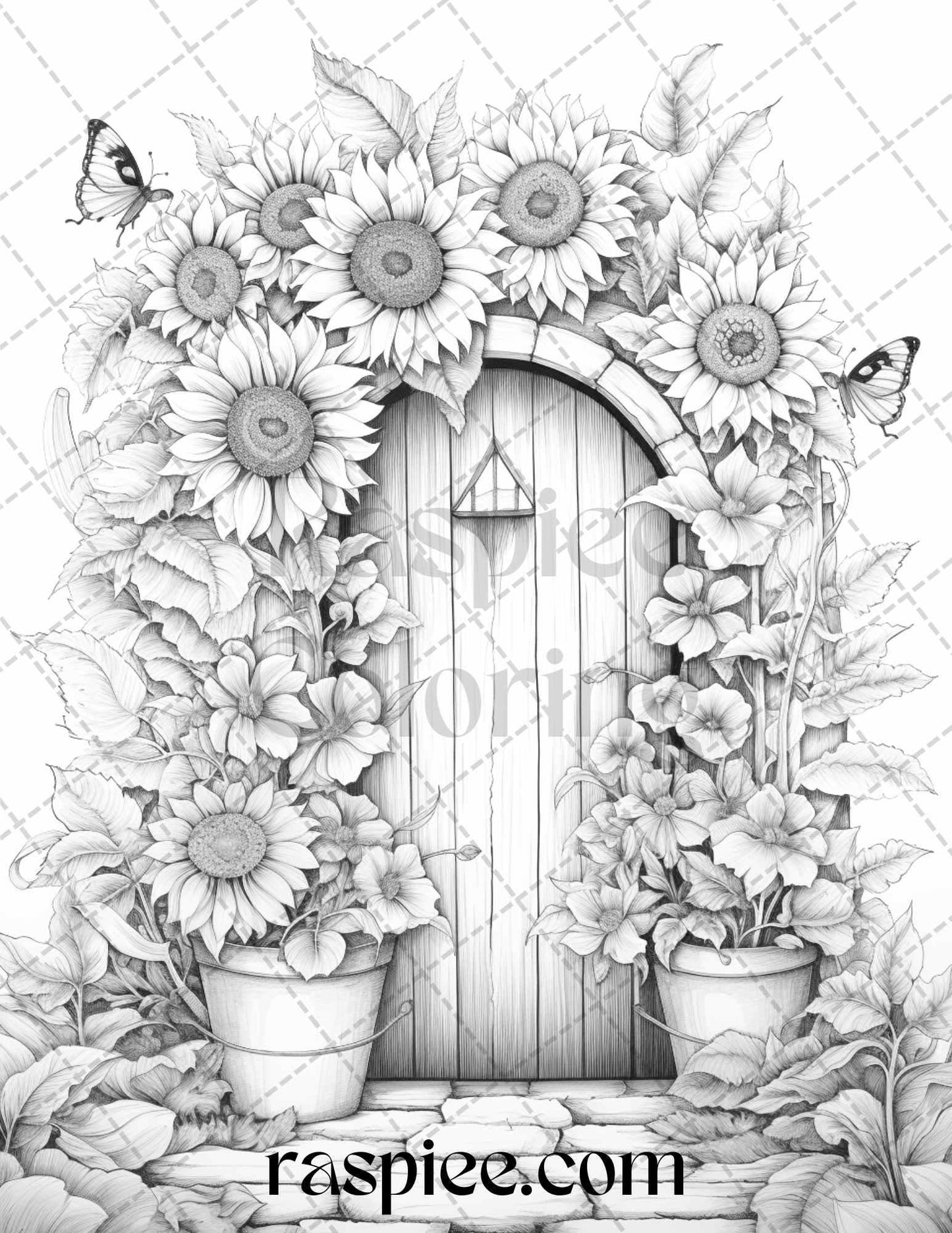 40 Flower Fairy Doors Grayscale Coloring Pages Printable for Adults, PDF File Instant Download