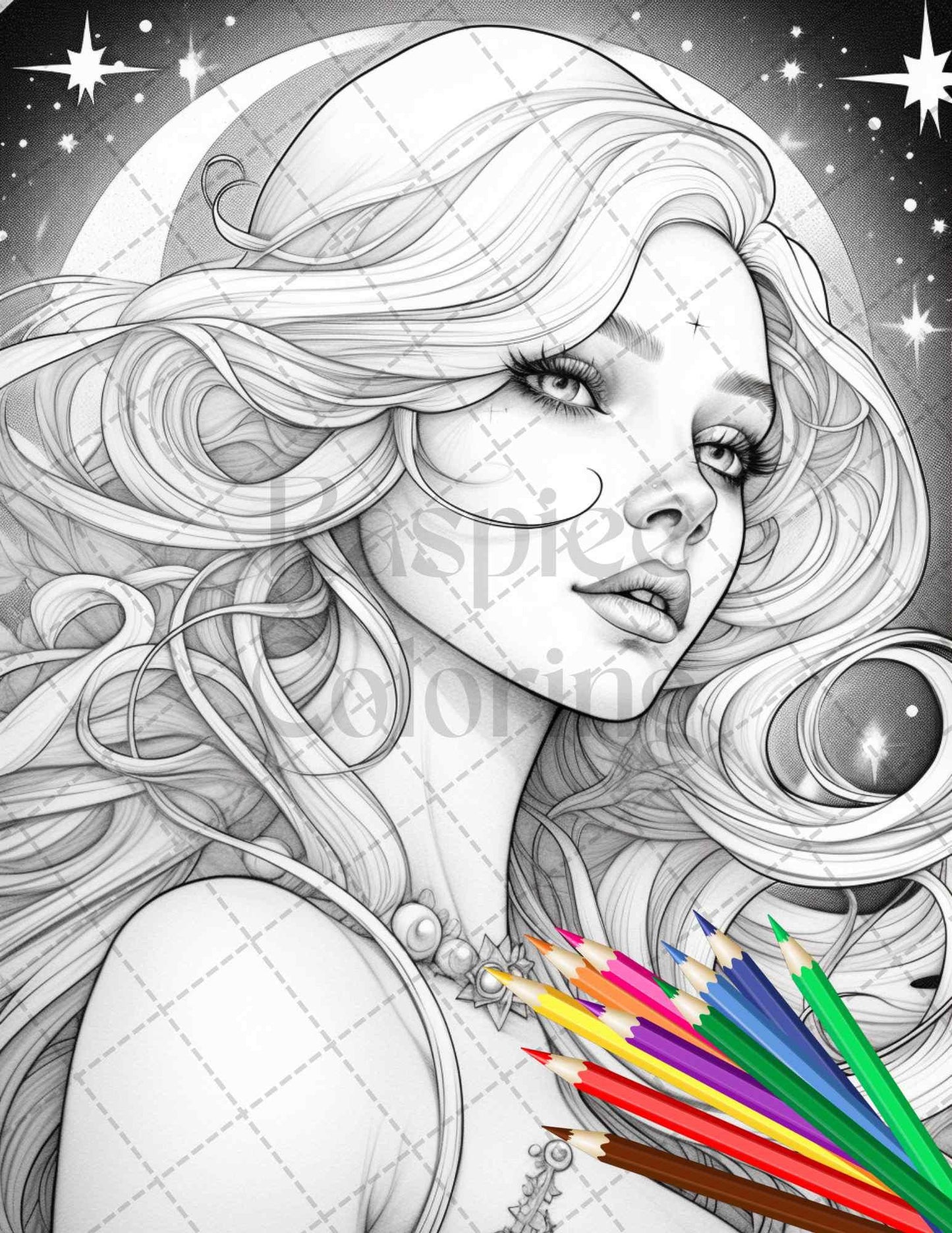 34 Beautiful Moon Fairies Grayscale Coloring Pages Printable for Adults, PDF File Instant Download