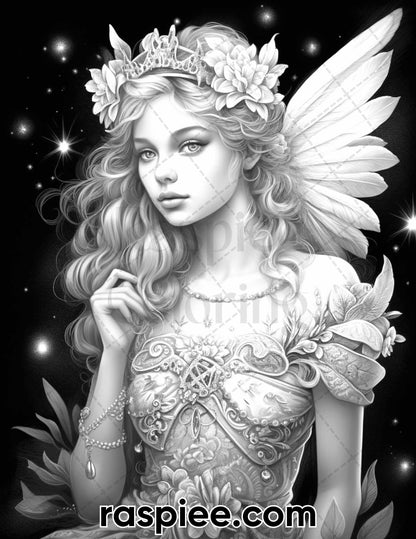 50 Starlight Fairy Grayscale Coloring Pages for Adults, Printable PDF File Instant Download