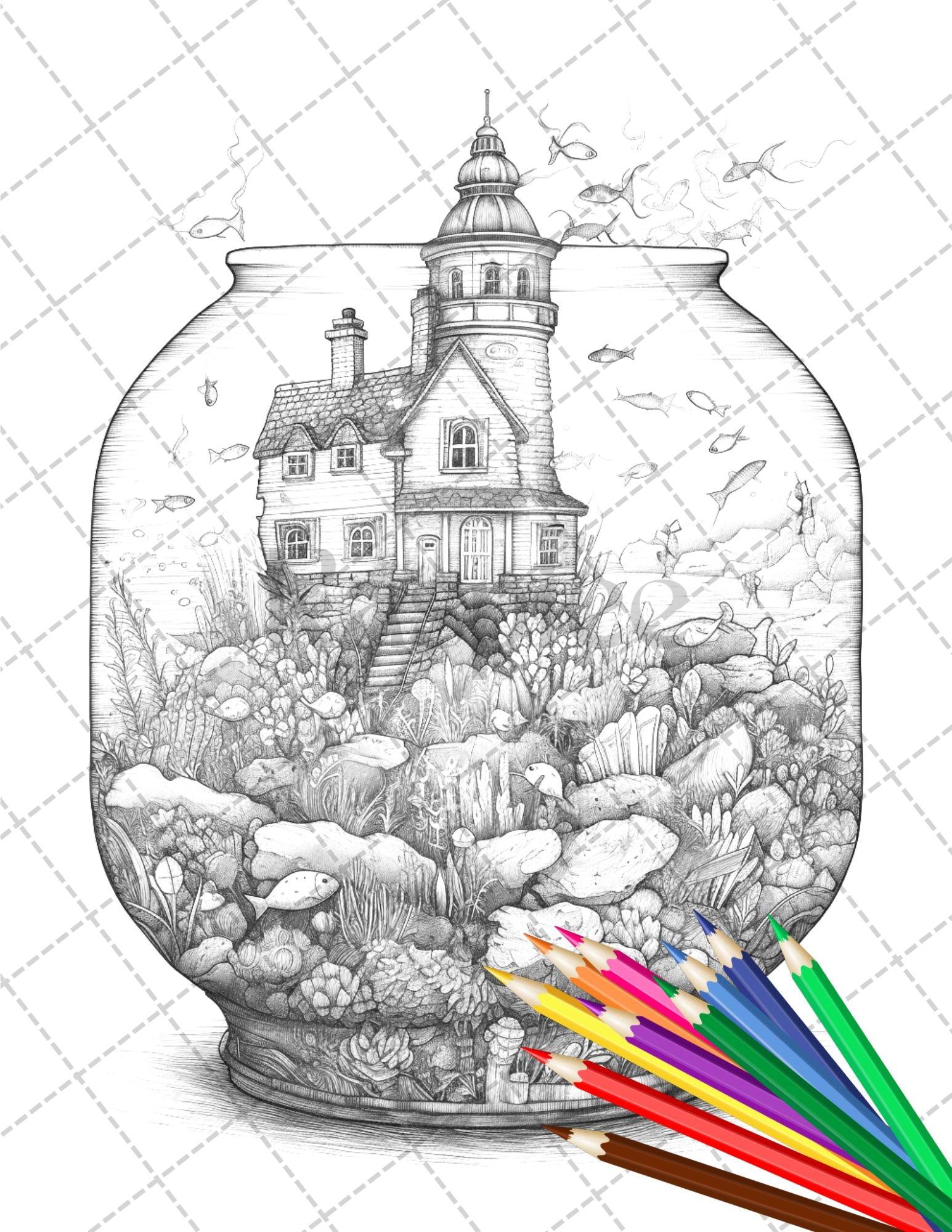 34 Fishtank Houses Coloring Book for Adults, Grayscale Coloring Page, Printable PDF Instant Download