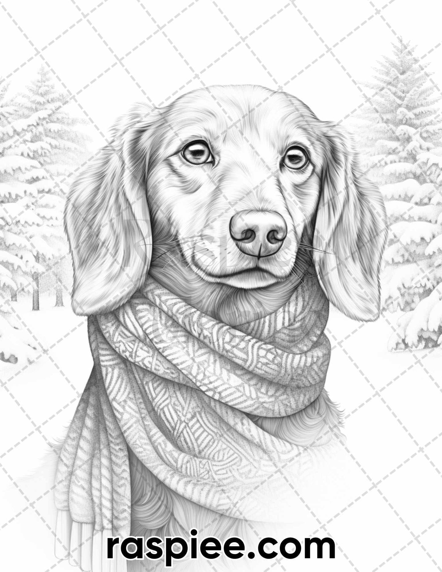 45 Christmas Dogs Grayscale Coloring Pages for Adults, Printable PDF Instant Download