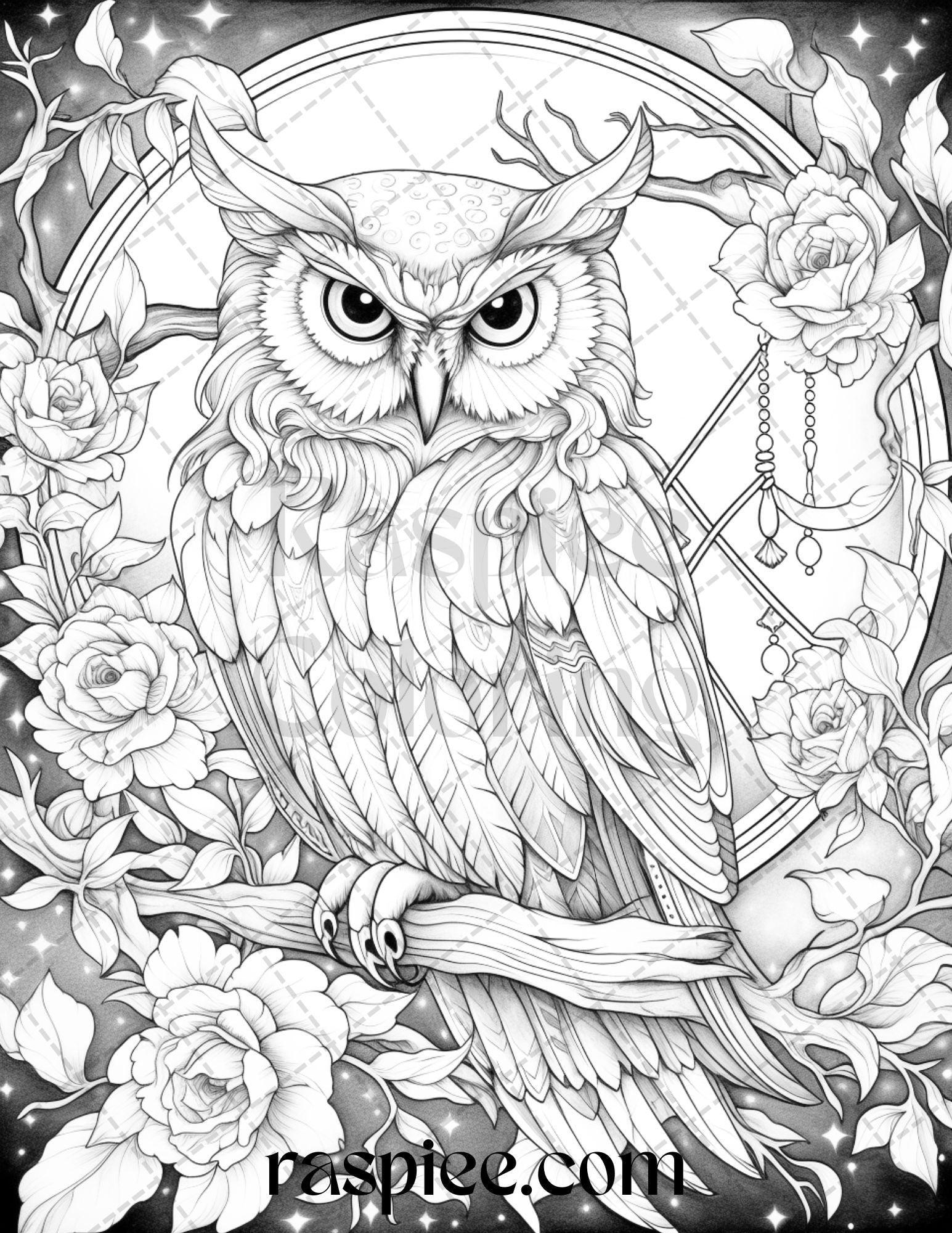 40 Floral Owl Grayscale Printable Coloring Pages for Adults, PDF File Instant Download