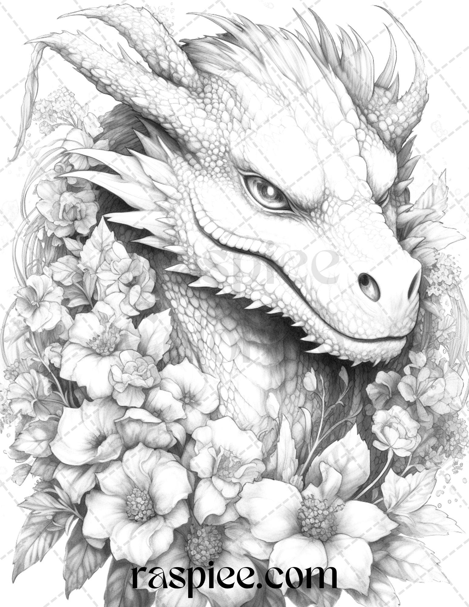 40 Flower Dragon Grayscale Coloring Pages Printable for Adults, PDF File Instant Download