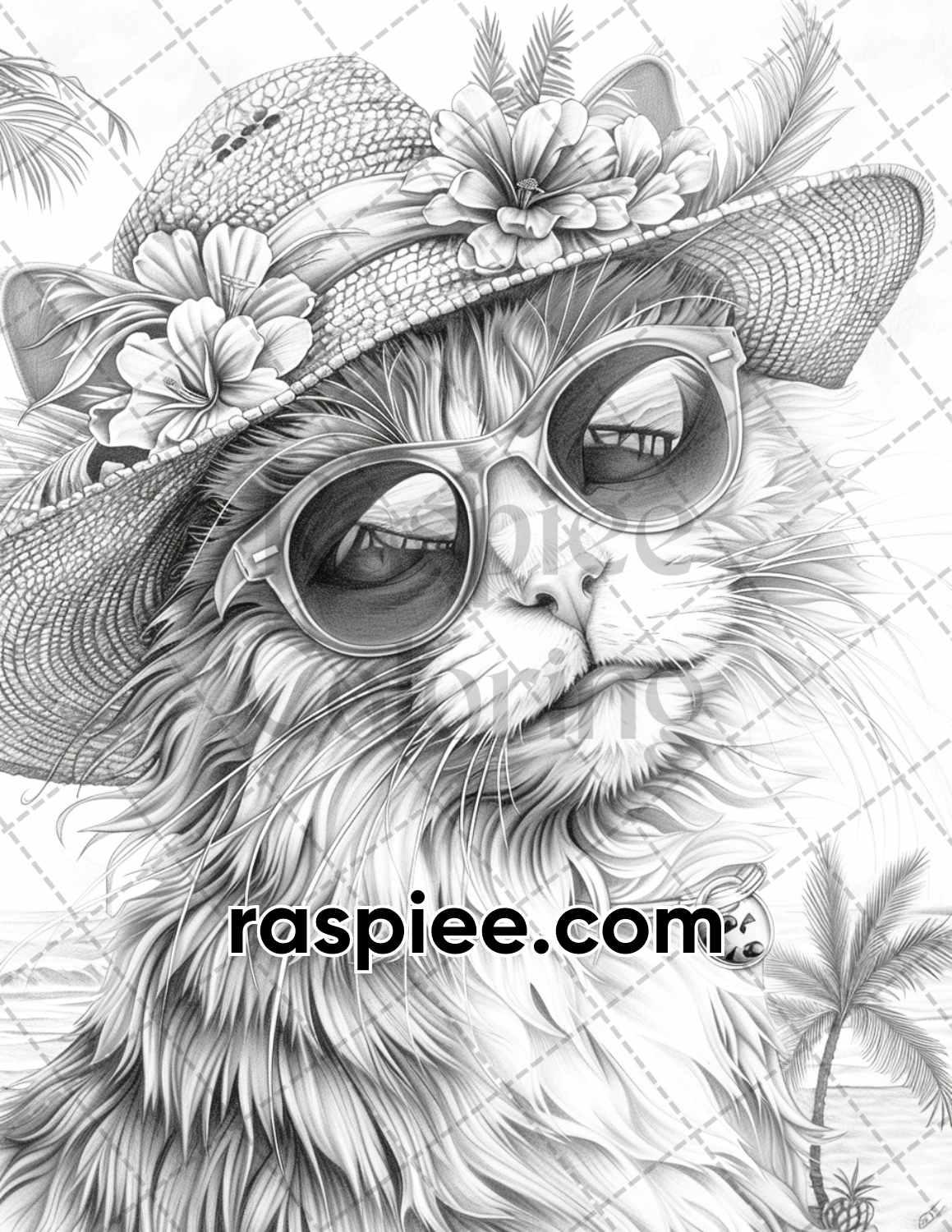 100 Summer Cats Grayscale Adult Coloring Pages, Printable PDF Instant Download