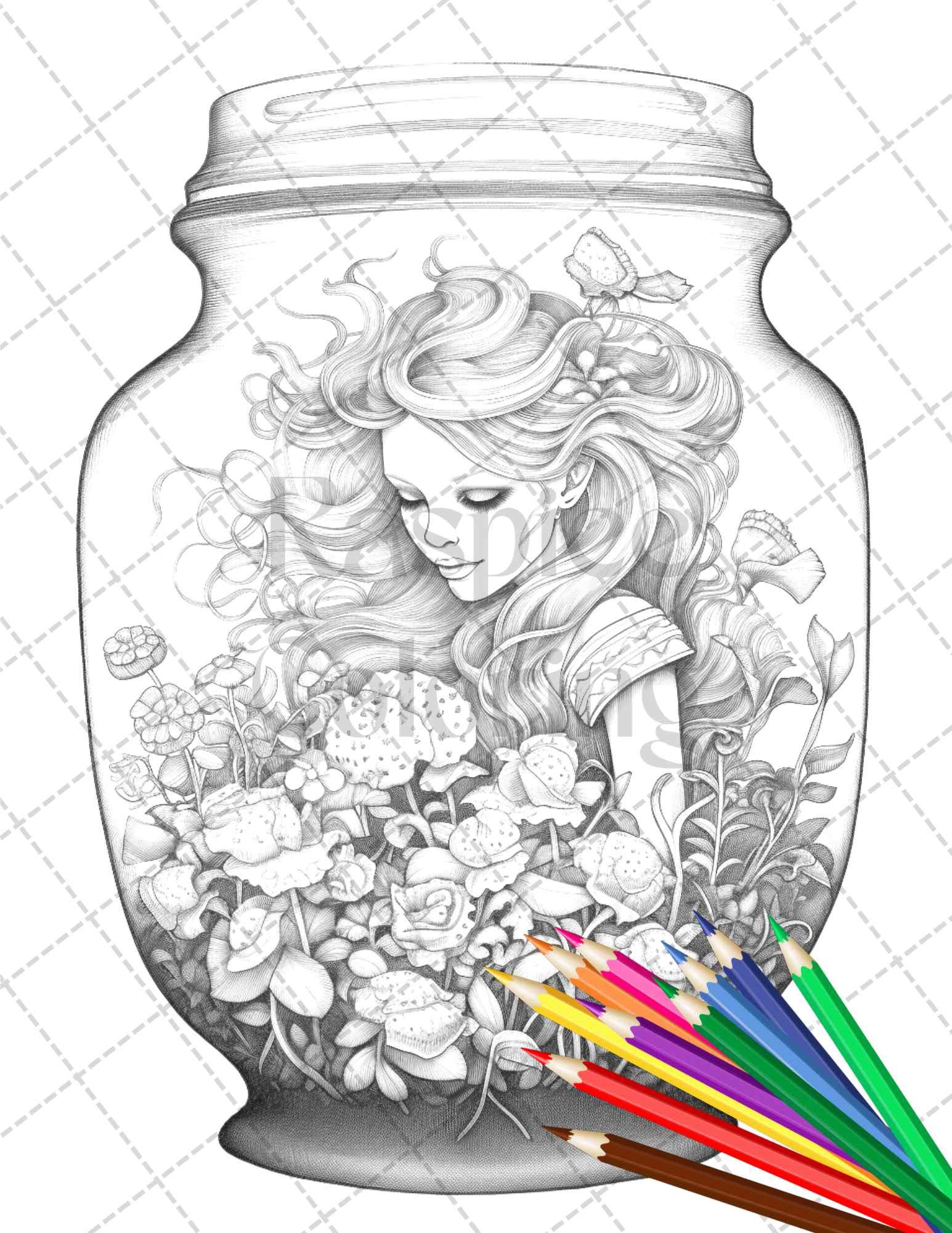 40 Beautiful Fairies in Jar Grayscale Coloring Pages Printable for Adults, PDF File Instant Download