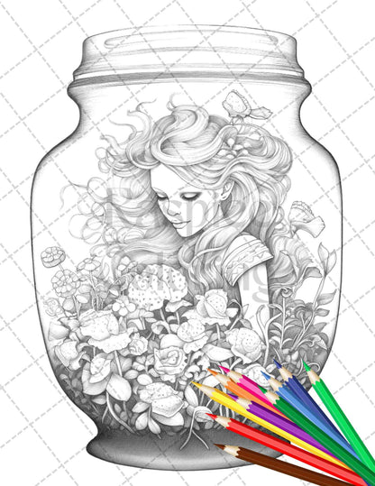 40 Beautiful Fairies in Jar Grayscale Coloring Pages Printable for Adults, PDF File Instant Download