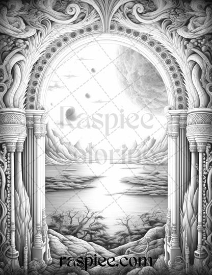 40 Window to Fantasy Worlds Grayscale Coloring Pages Printable for Adults, PDF File Instant Download