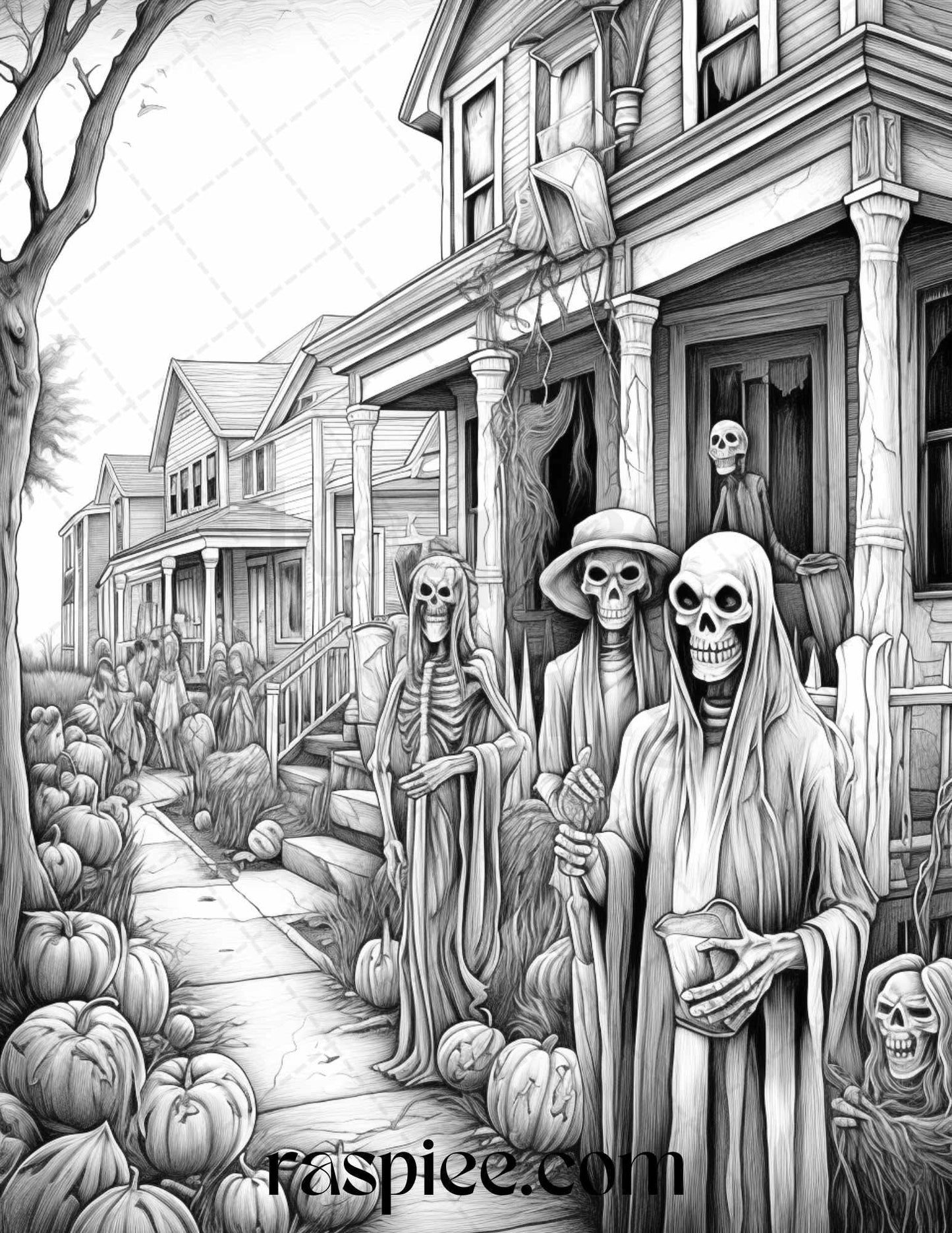 Ghoulish Halloween Grayscale Coloring Pages Printable for Adults, PDF File Instant Download