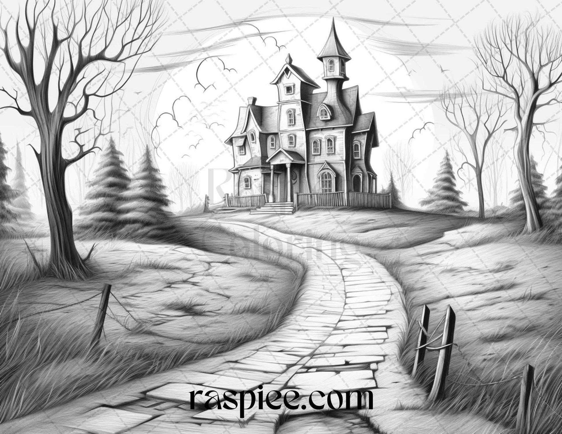 40 Halloween Landscapes Grayscale Coloring Pages Printable for Adults, PDF File Instant Download