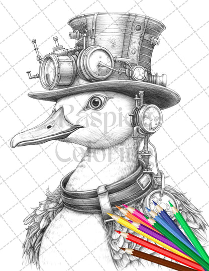 45 Steampunk Animals Grayscale Coloring Pages Printable for Adults Vol. 2, PDF File Instant Download