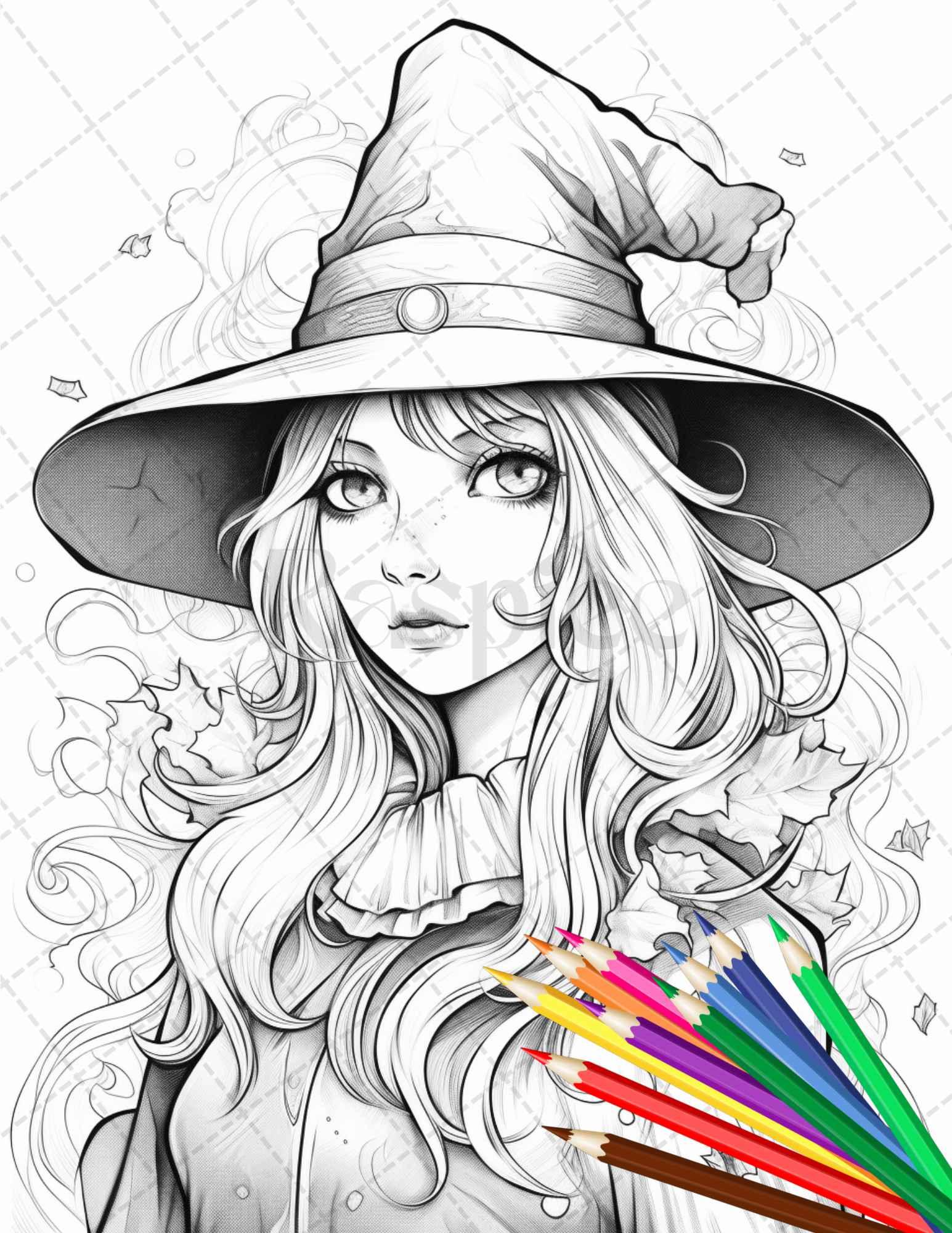 40 Cute Witches Coloring Pages Printable for Adults, Grayscale Coloring Page, PDF File Instant Download