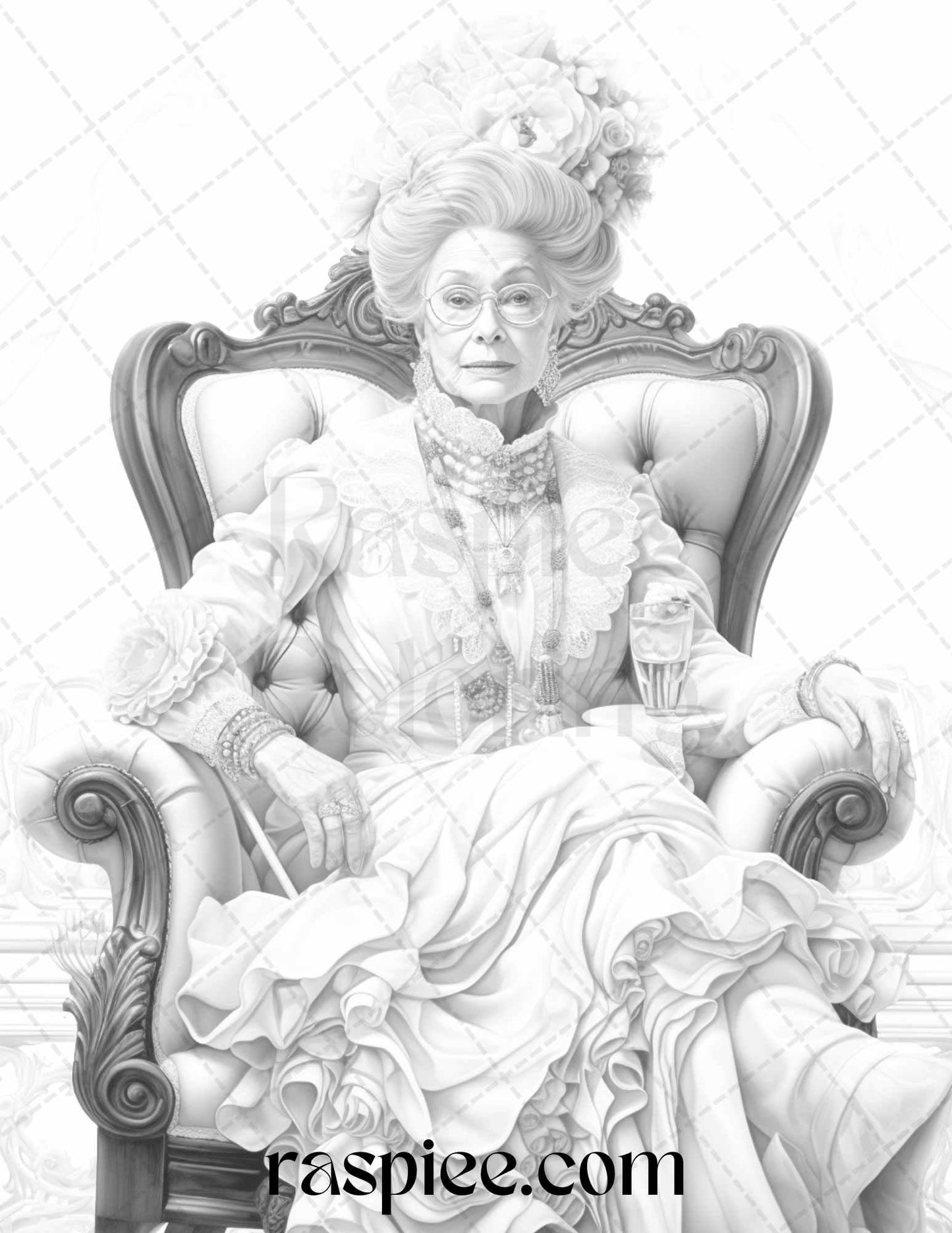 50 Victorian Grandma Grayscale Coloring Pages Printable for Adults, PDF File Instant Download