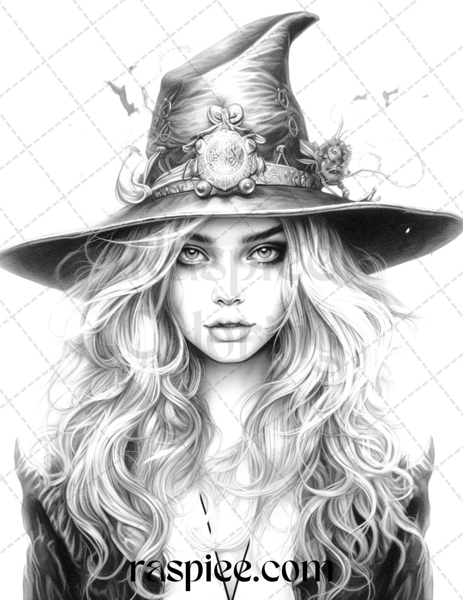 40 Beautiful Witches Grayscale Coloring Pages Printable for Adults, PDF File Instant Download