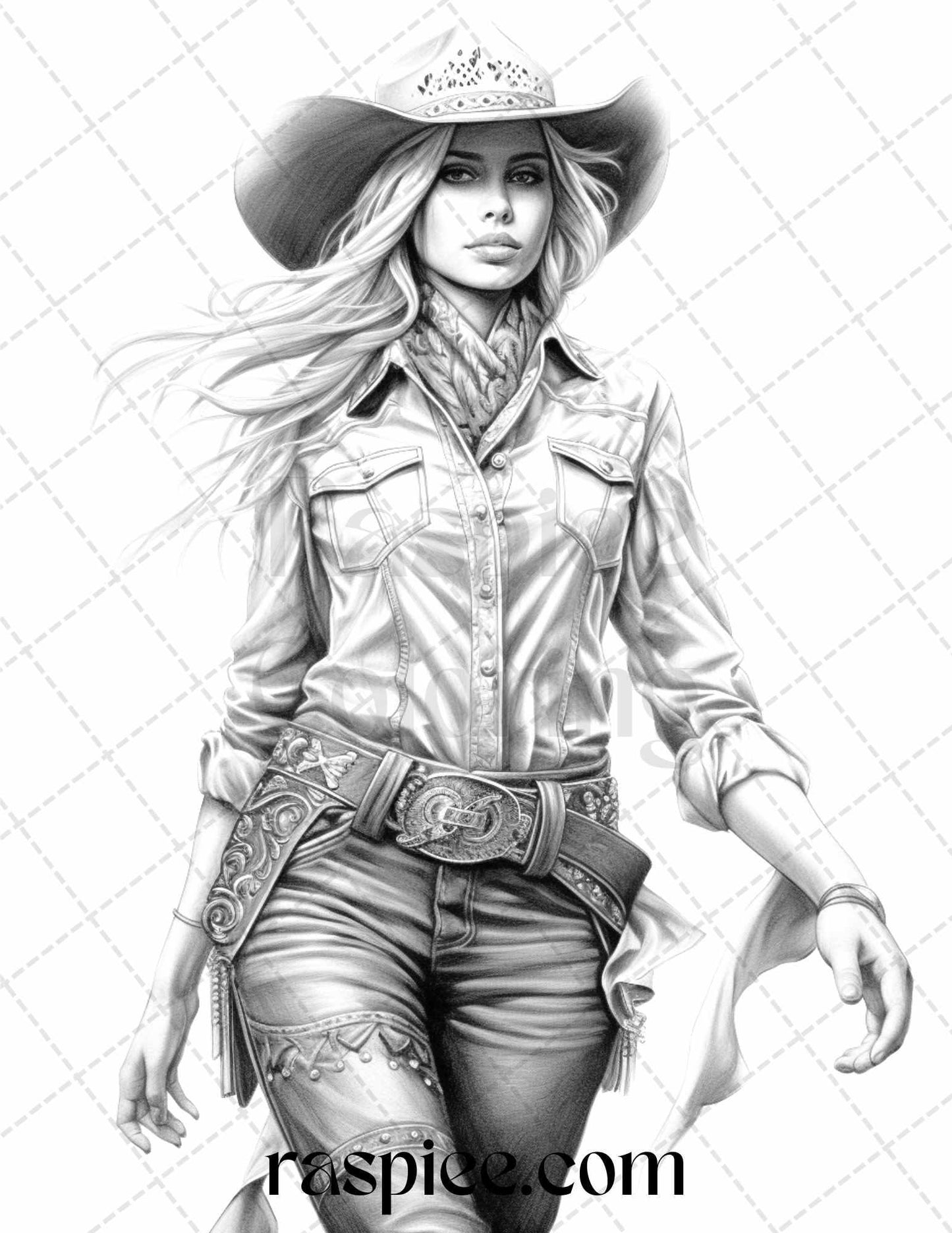 40 Beautiful Cowgirls Grayscale Coloring Pages Printable for Adults, PDF File Instant Download