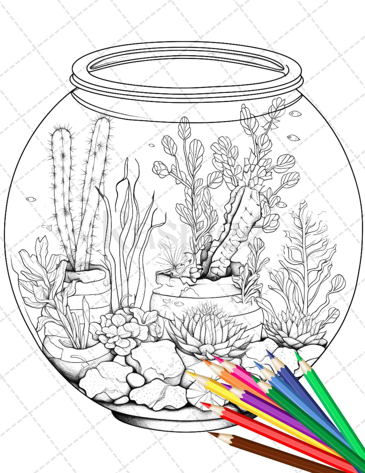 34 Enchanted Terrarium Grayscale Coloring Pages Printable for Adults, PDF File Instant Download