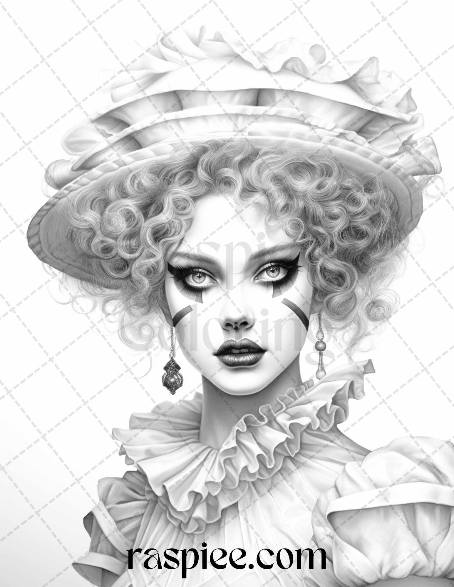 42 Beautiful Clown Girls Grayscale Coloring Pages Printable for Adults, PDF File Instant Download