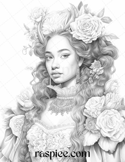 40 Baroque Women Portrait Grayscale Adult Coloring Pages Printable, PDF File Instant Download