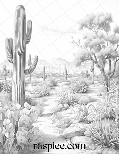 40 Desert Landscapes Grayscale Coloring Pages Printable for Adults, PDF File Instant Download