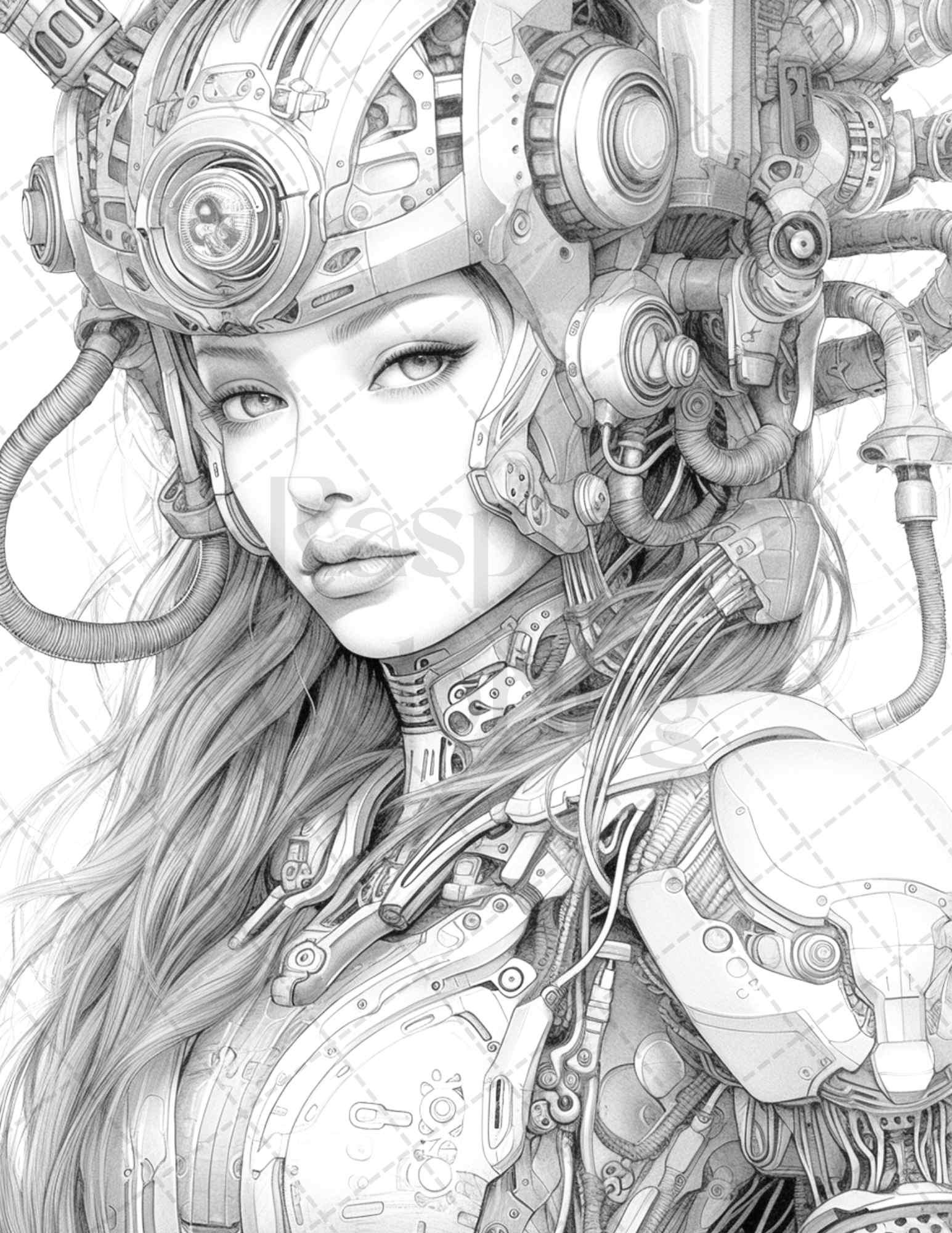 40 Beautiful Cyborg Girls Grayscale Coloring Pages Printable for Adults, PDF File Instant Download