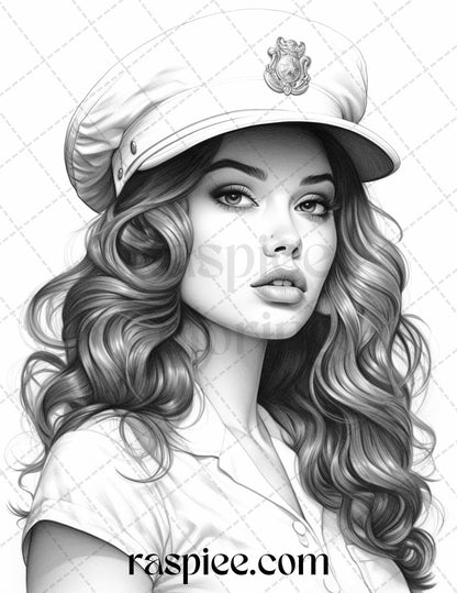 40 Sailor Pin Up Girls Grayscale Coloring Pages Printable for Adults, PDF File Instant Download