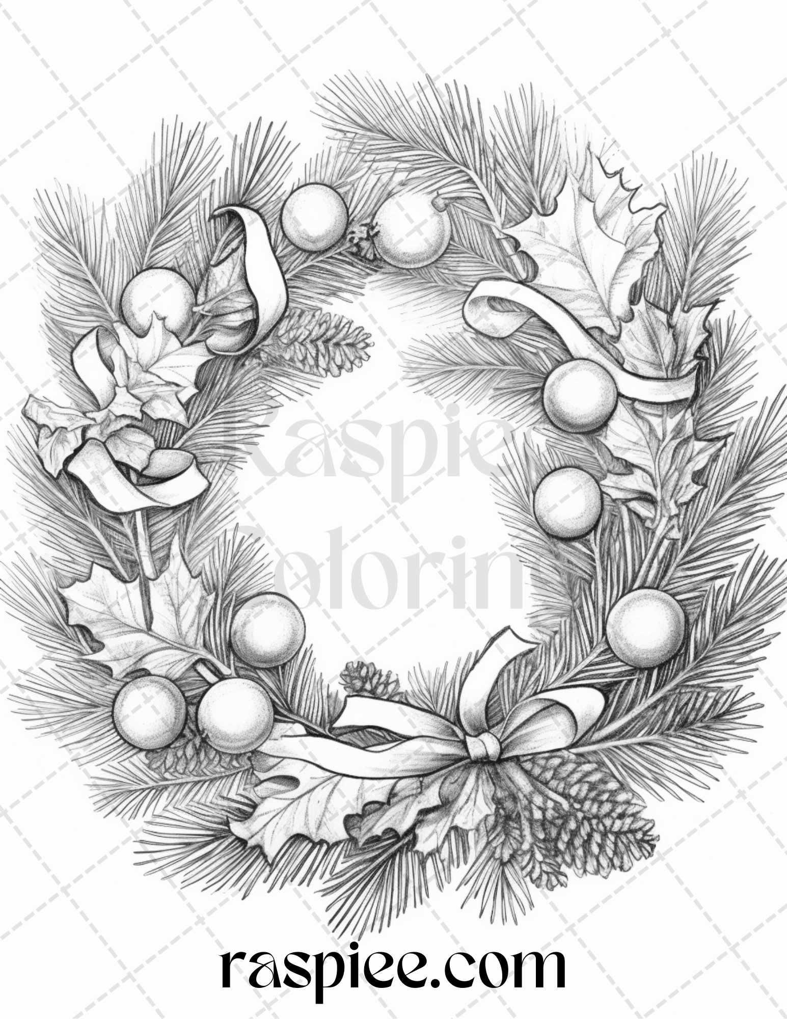 40 Christmas Wreath Grayscale Coloring Pages Printable for Adults, PDF File Instant Download