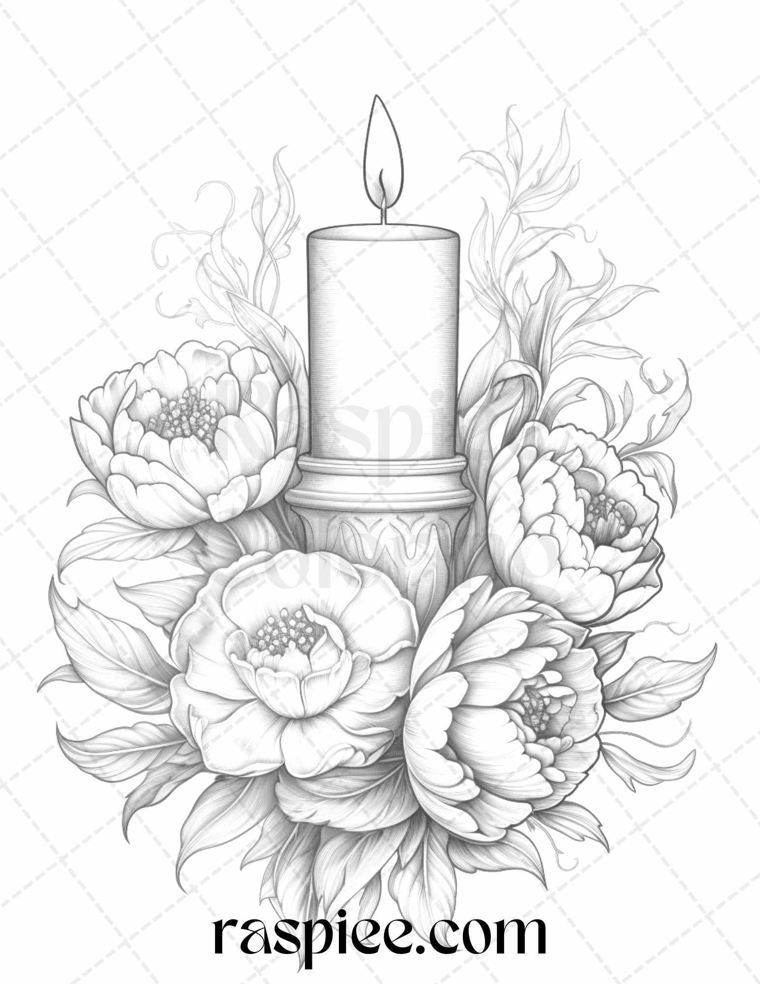 40 Flower Candles Grayscale Coloring Pages Printable for Adults, PDF File Instant Download