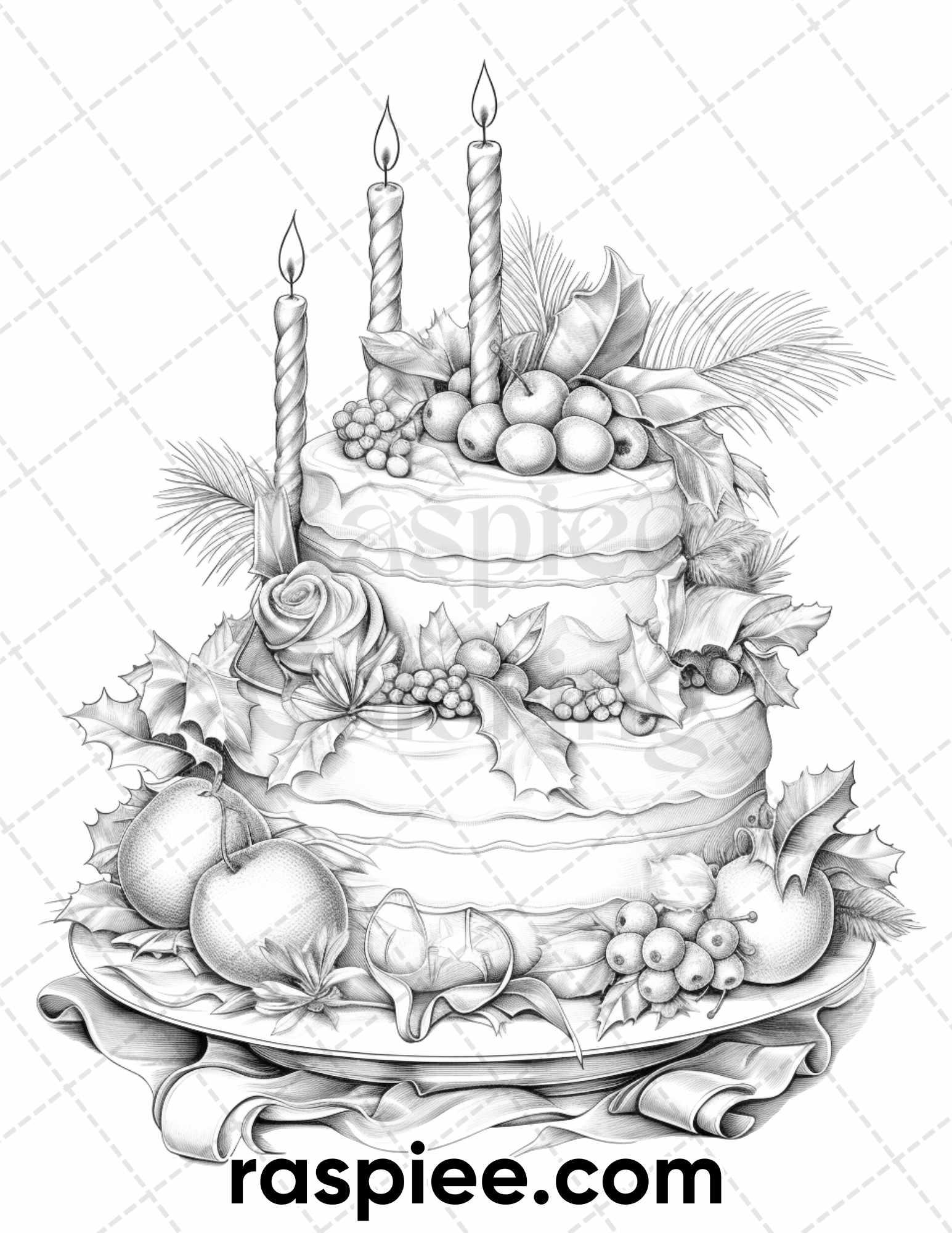 45 Christmas Cakes Grayscale Coloring Pages for Adults, Printable PDF File Instant Download