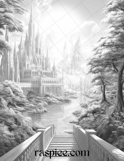 40 Fantasy Landscapes Grayscale Coloring Pages Printable for Adults, PDF File Instant Download