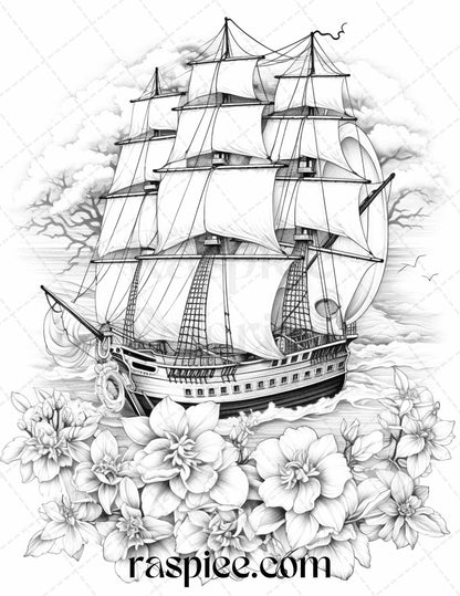 44 Flower Ships Graysale Coloring Pages Printable for Adults, PDF File Instant Download