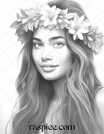 40 Hawaiian Girls Grayscale Coloring Pages Printable for Adults, PDF File Instant Download