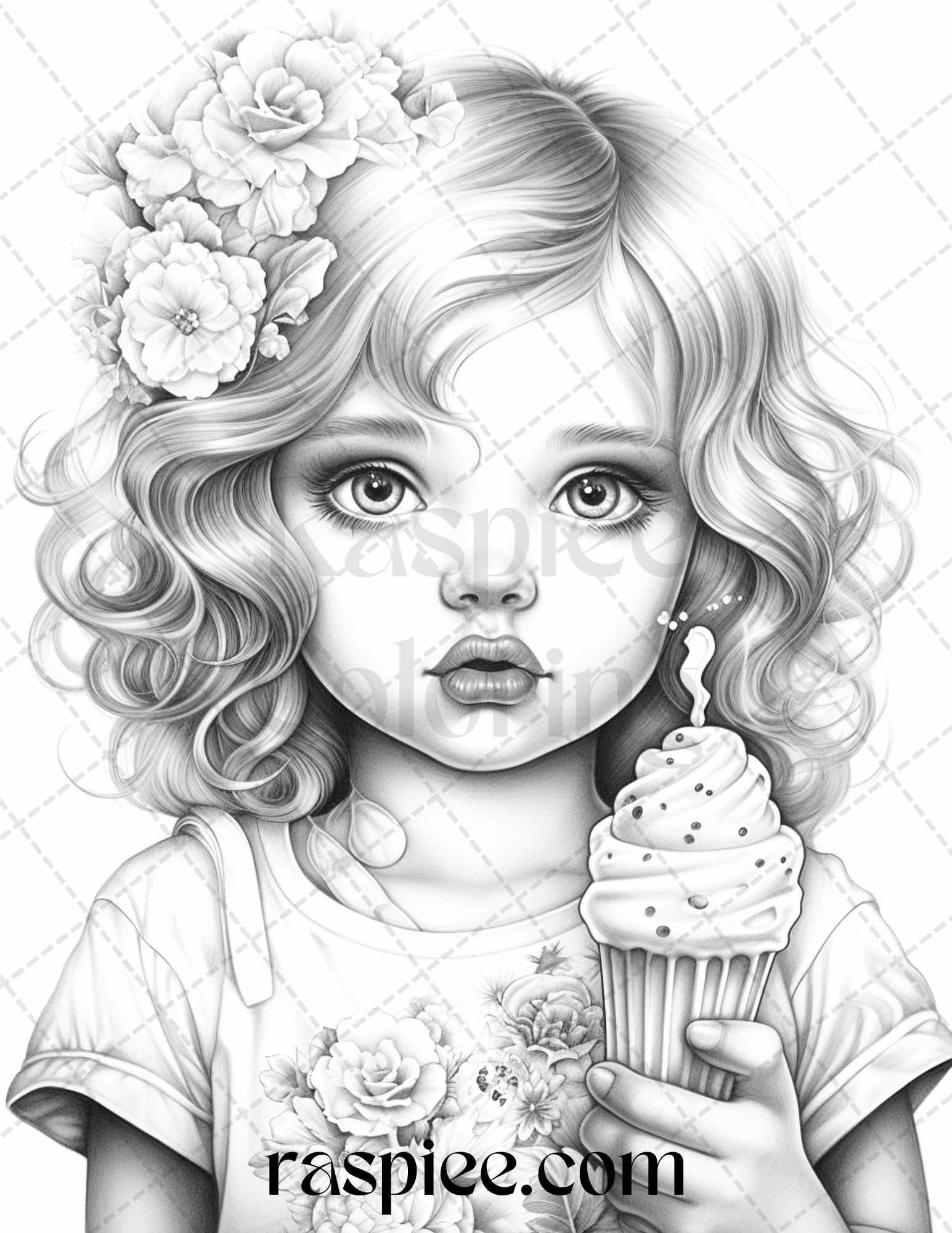 42 Adorable Girls with Ice Cream Grayscale Coloring Pages Printable for Adults Kids, PDF File Instant Download