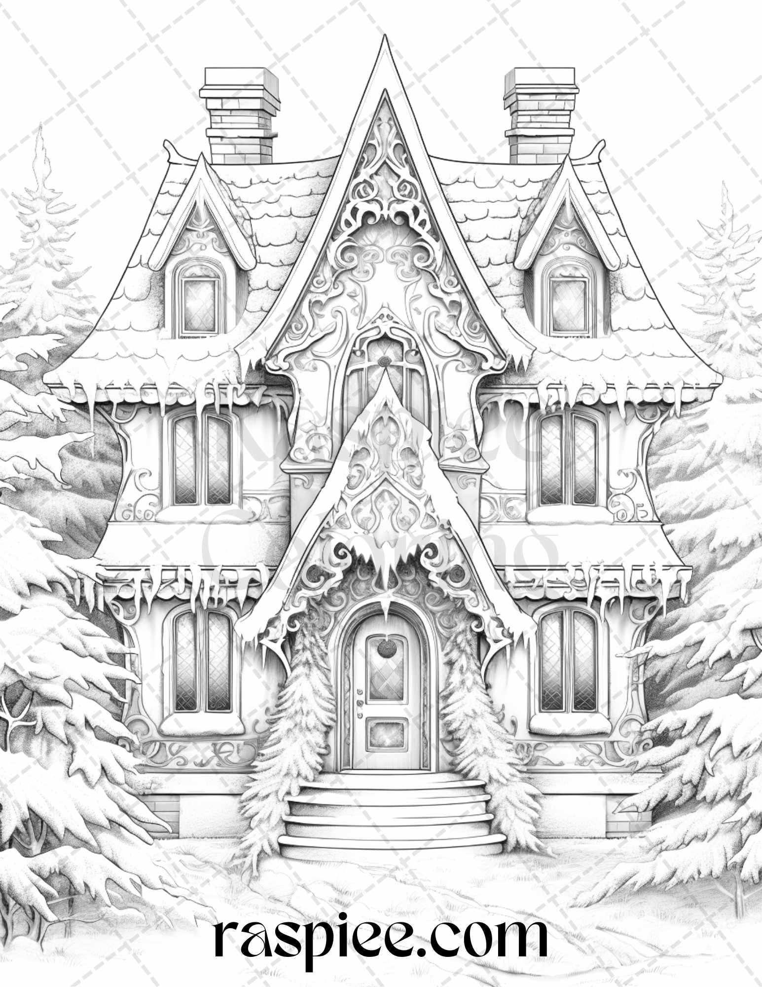 42 Fantasy Christmas Houses Grayscale Coloring Pages Printable for Adults, PDF File Instant Download