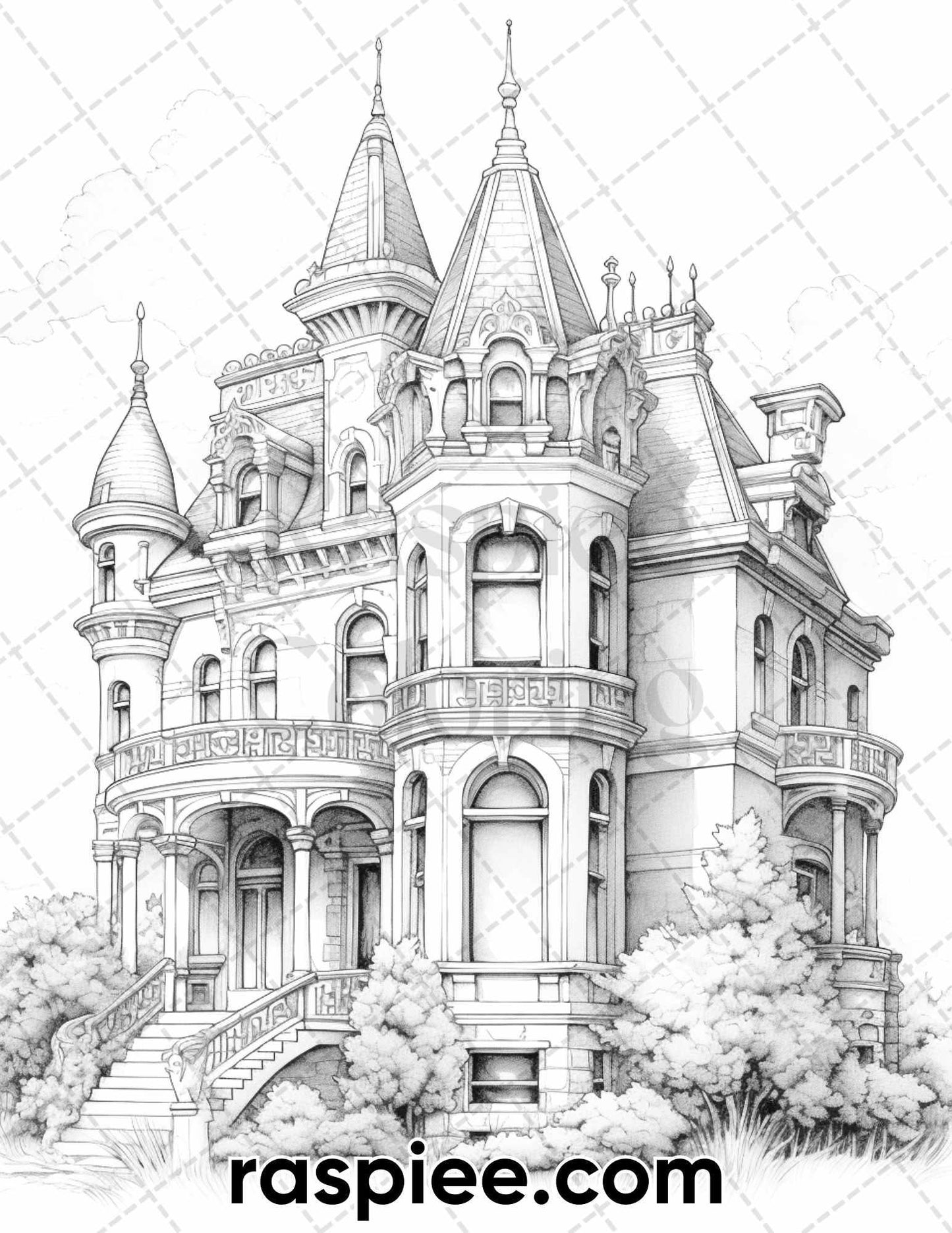 40 Victorian Mansions Grayscale Coloring Pages for Adults, Printable PDF Instant Download