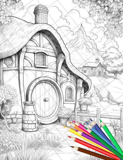 43 Enchanted Hobbiton Houses Grayscale Coloring Pages Printable for Adults, PDF File Instant Download