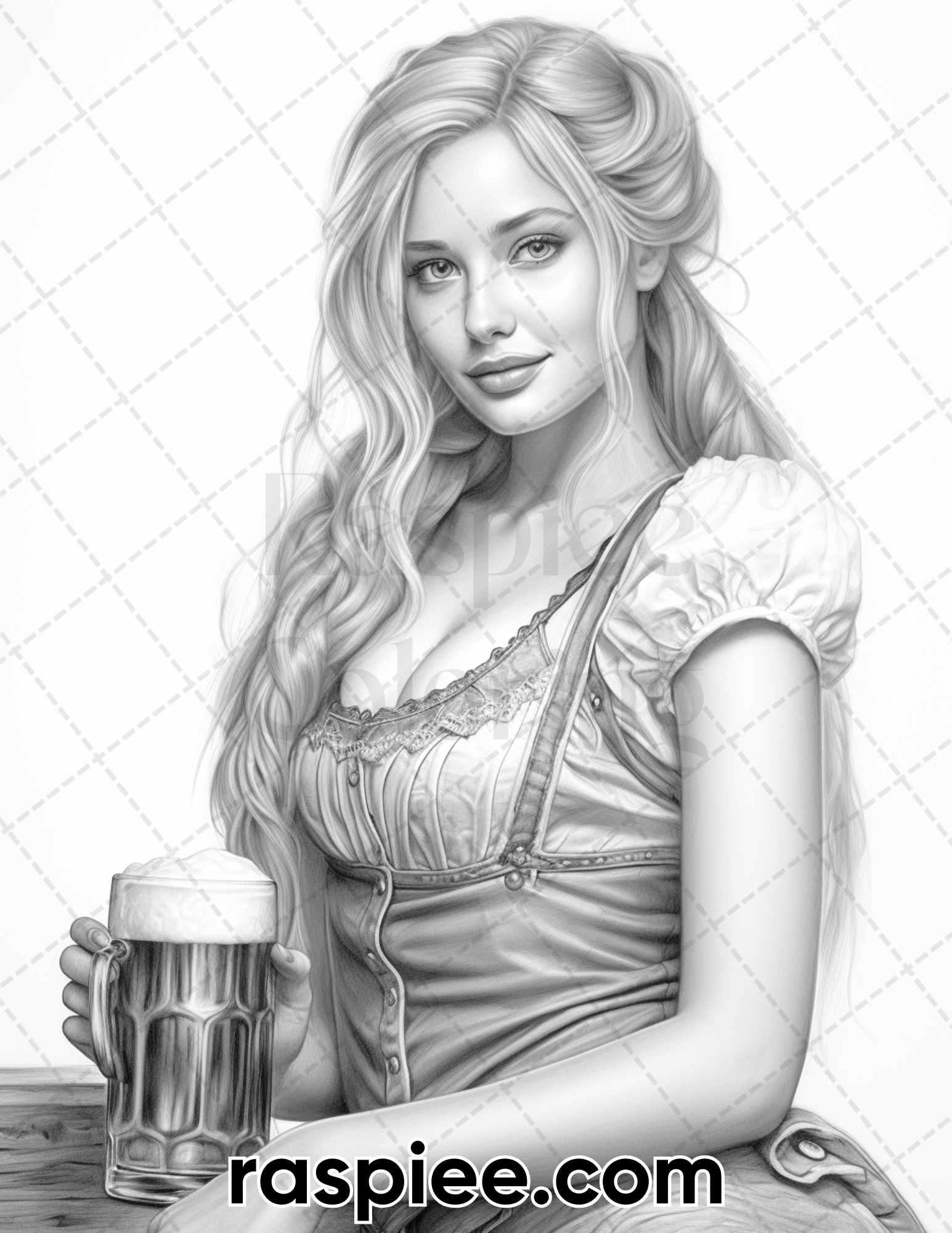 50 Oktoberfest Girls Grayscale Coloring Pages for Adults, Printable PDF Instant Download