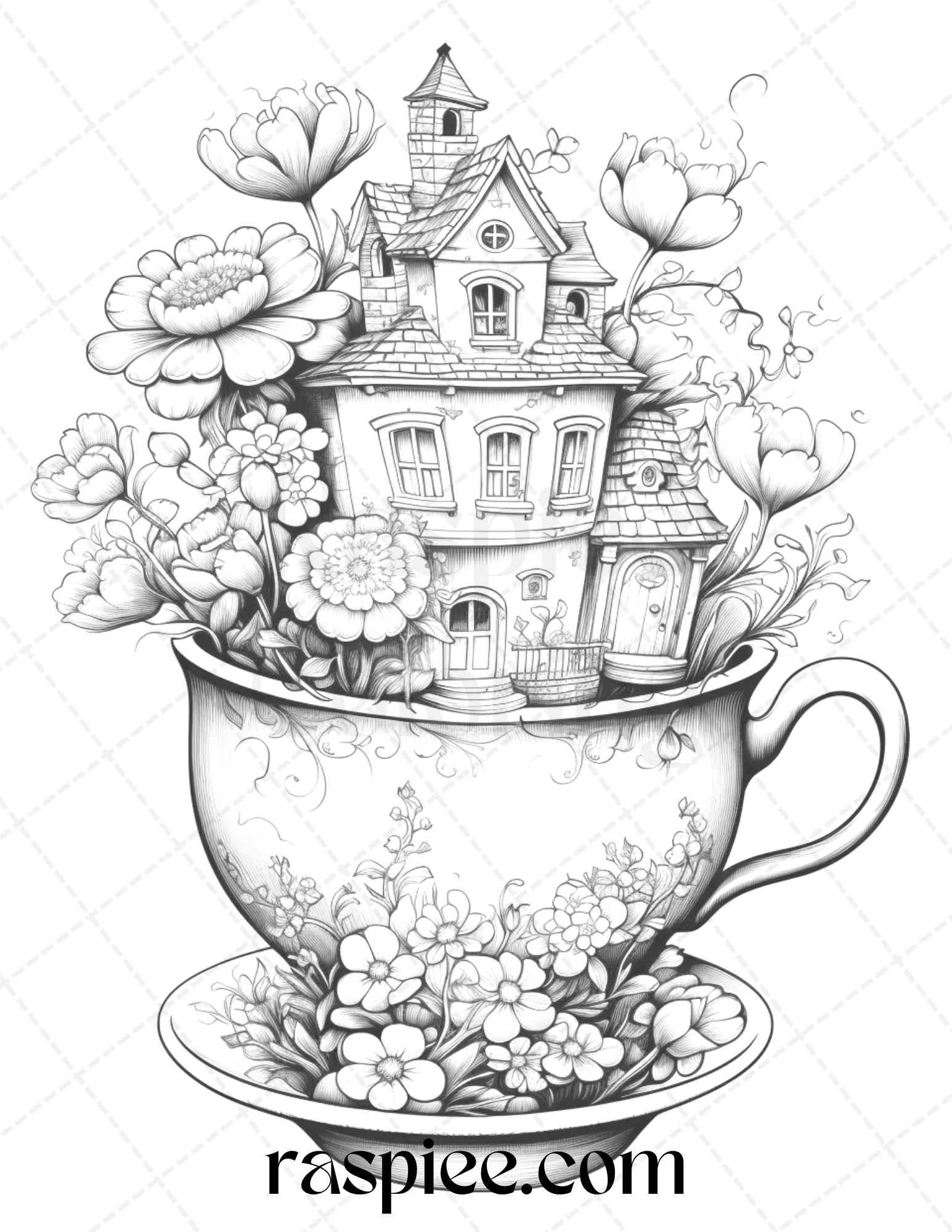 40 Flower Teacup Fairy Houses Grayscale Coloring Pages Printable for Adults, PDF File Instant Download