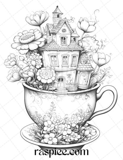 40 Flower Teacup Fairy Houses Grayscale Coloring Pages Printable for Adults, PDF File Instant Download