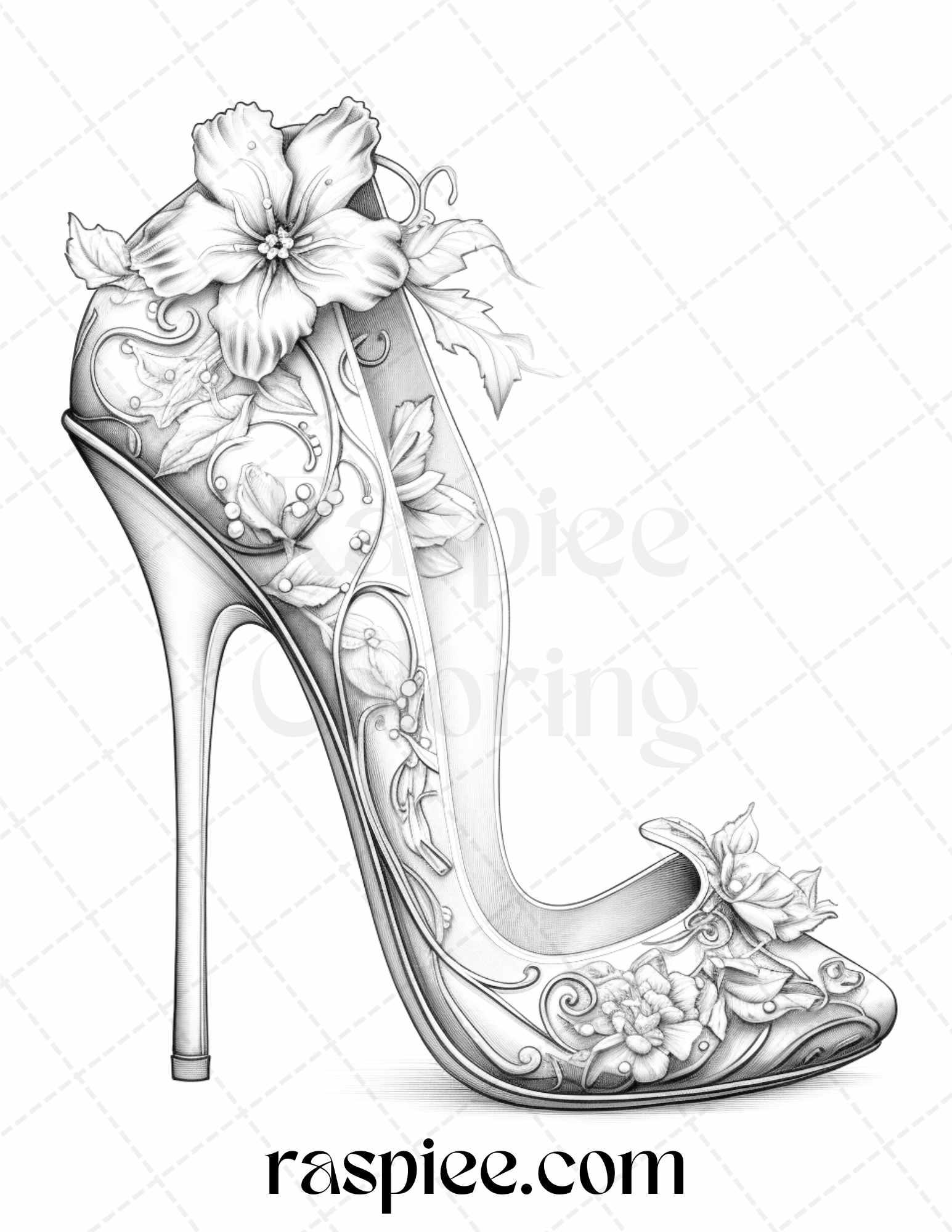 40 Flower Wedding Shoes Grayscale Coloring Pages Printable for Adults, PDF File Instant Download