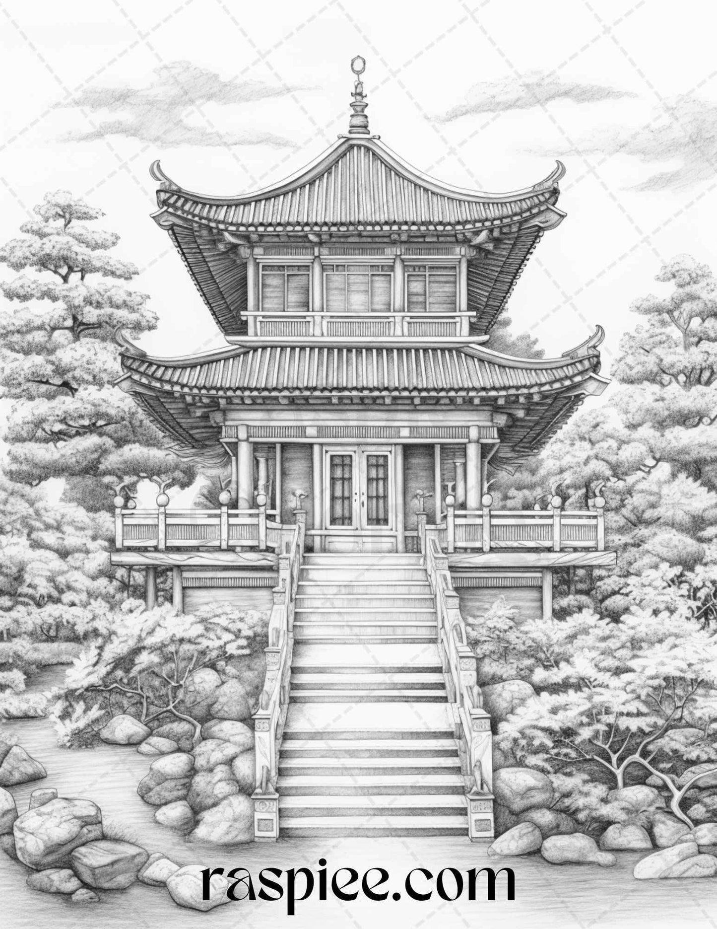 40 Traditional Chinese Houses Grayscale Coloring Pages Printable for Adults, PDF File Instant Download